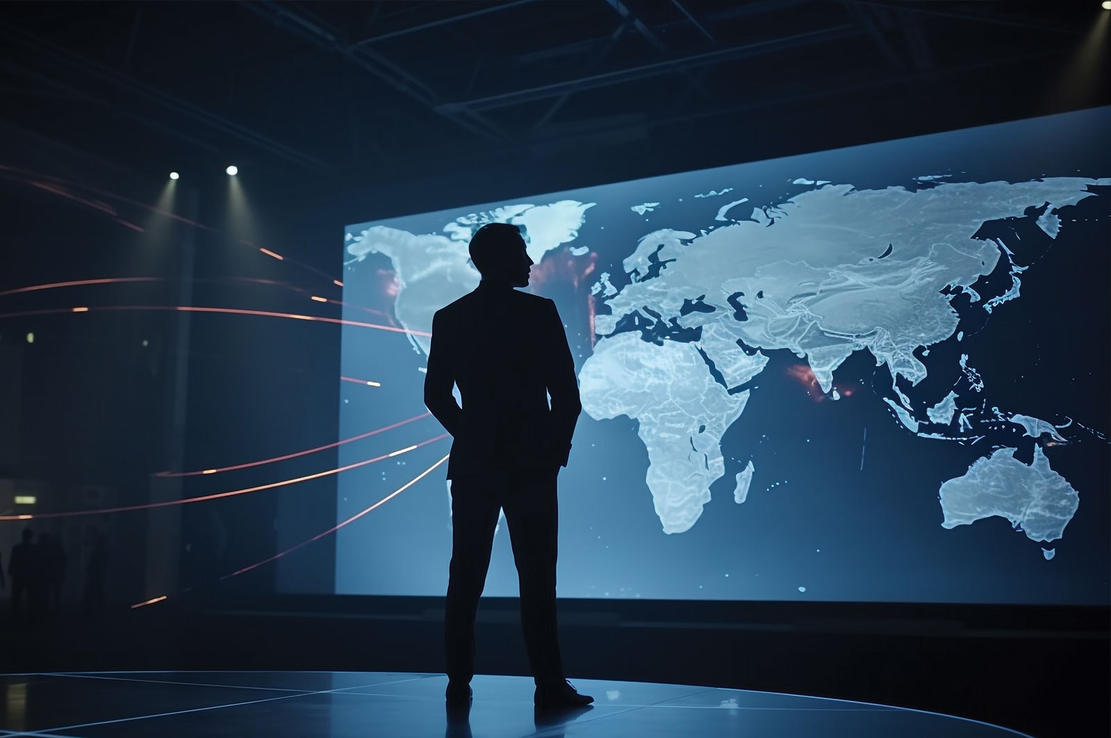 Silhouette of a man standing before a large illuminated world map with connecting lines