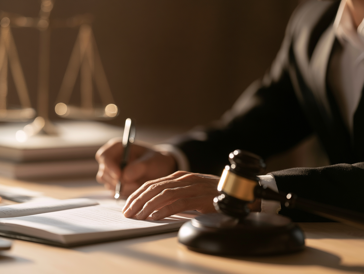 Businessman signing a document beside a gavel on a desk