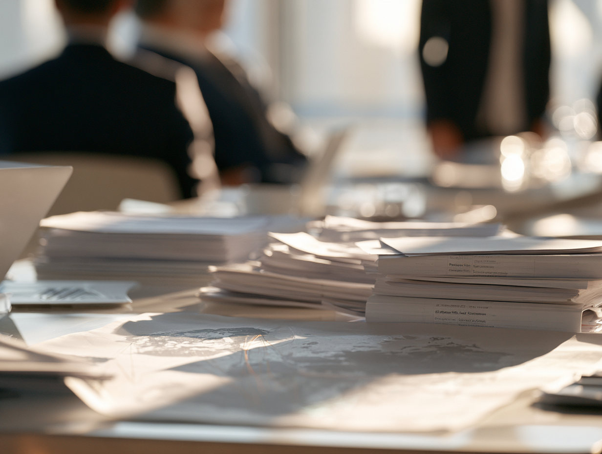 Stacks of legal documents and case files on a conference table with people seated nearby