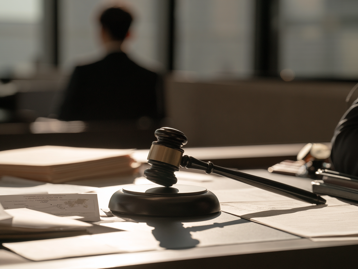 Gavel resting on documents on a desk, with a person seated in the background