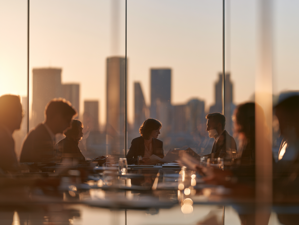 Group of colleagues at a boardroom table with a city skyline visible through the window at sunset