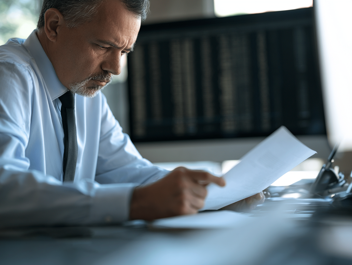 Businessman reading a document at his desk with a stock ticker board in the background