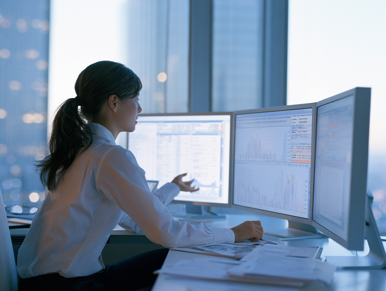 Woman reviewing financial data on multiple computer monitors in an office at dusk