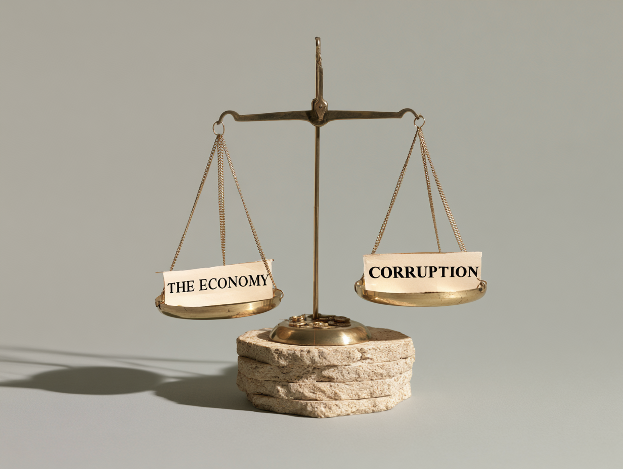 Balance scale weighing "The Economy" against "Corruption"