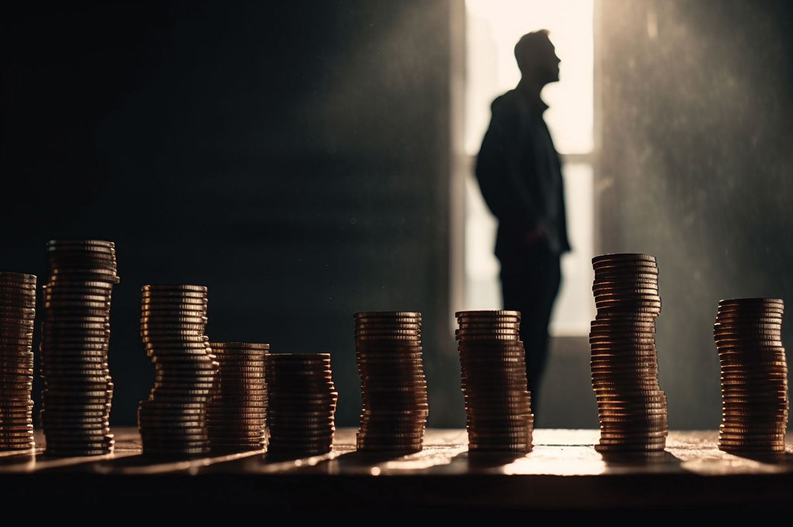 Silhouette of a man standing by a window behind stacks of coins