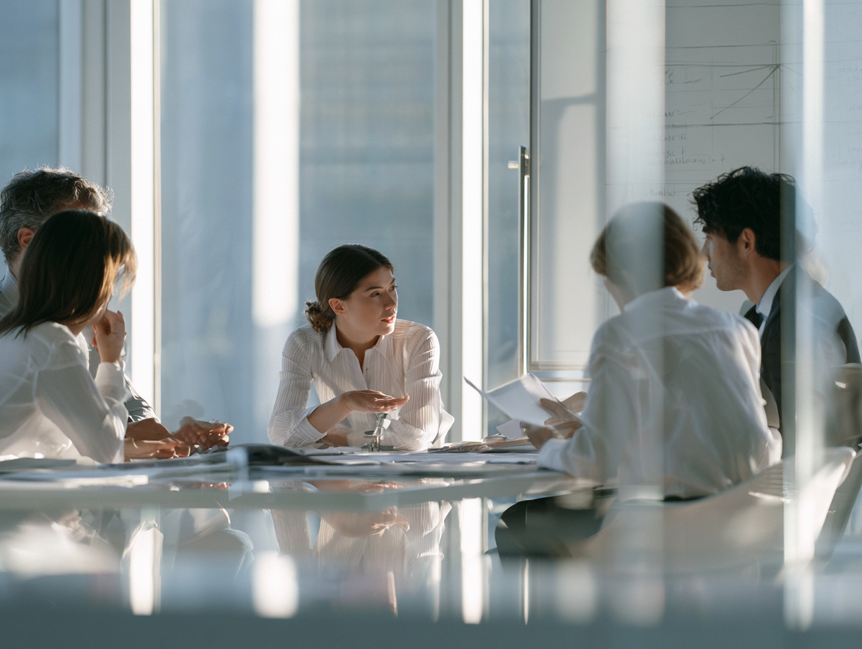 Group of colleagues in a glass-walled meeting room discussing documents