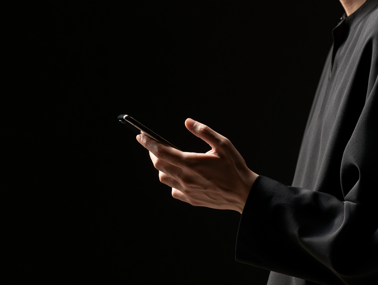 Person in dark clothing holding a smartphone