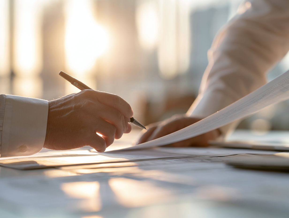 Close-up of a hand signing a document with a pen while another person looks on