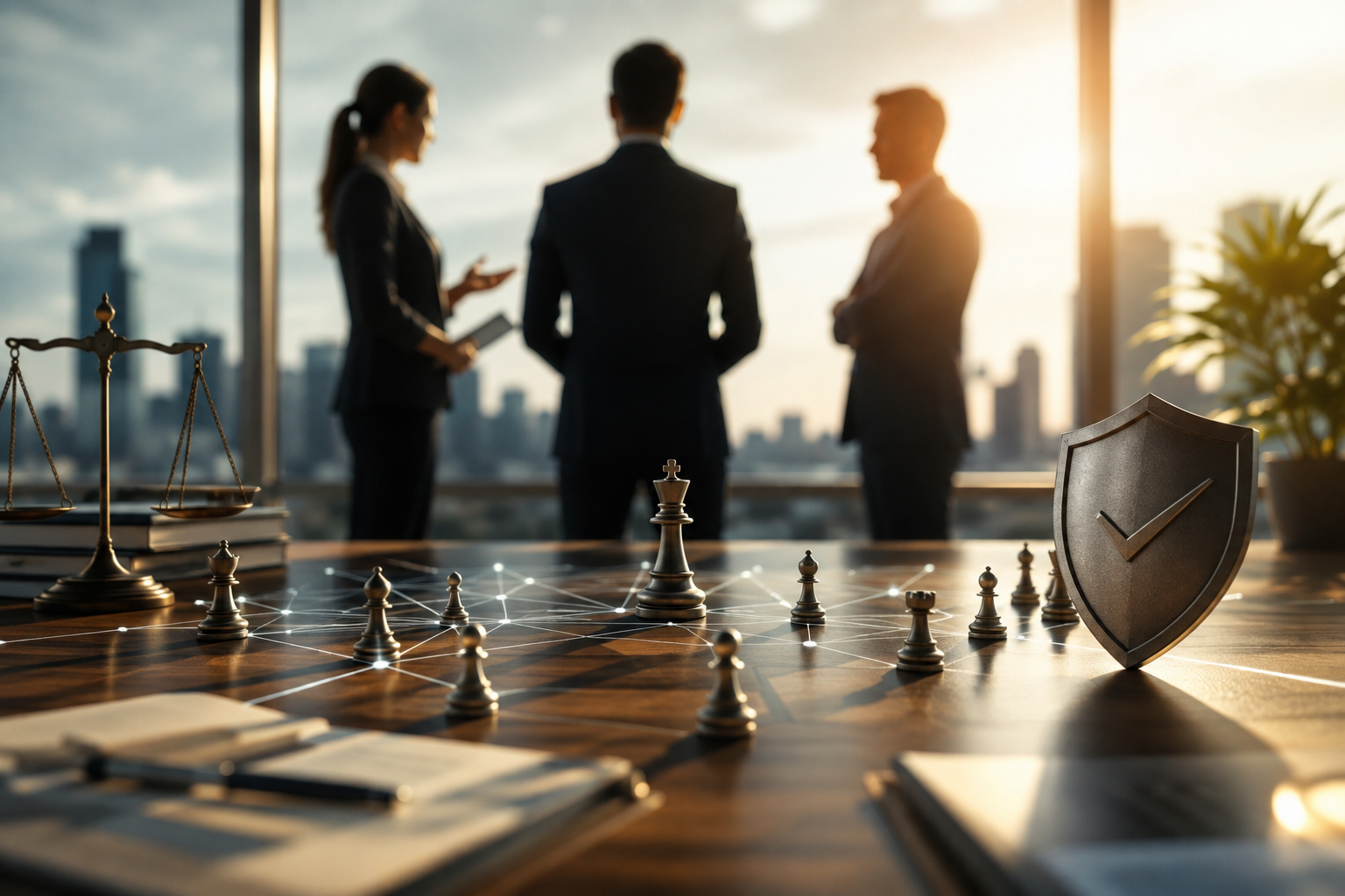 Silhouettes of three businesspeople talking by a window, with chess pieces, a shield icon, and scales of justice on a table in the foreground