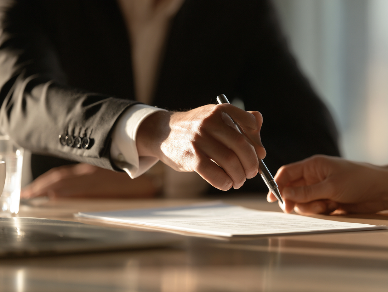 Businessperson pointing a pen at a document while another person's hand rests nearby