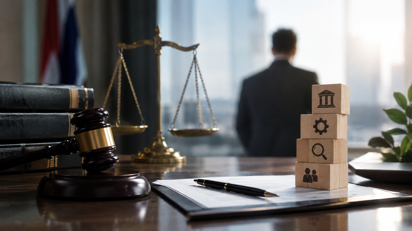 Wooden blocks with legal, gear, search, and people icons stacked beside a gavel and law books