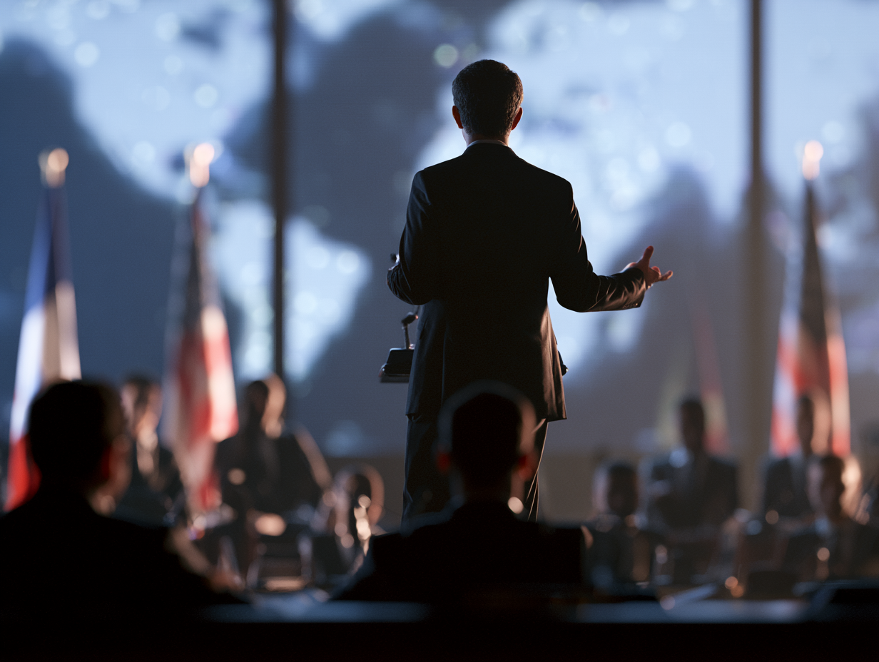Silhouette of a man speaking at a podium before an audience, with national flags in the background