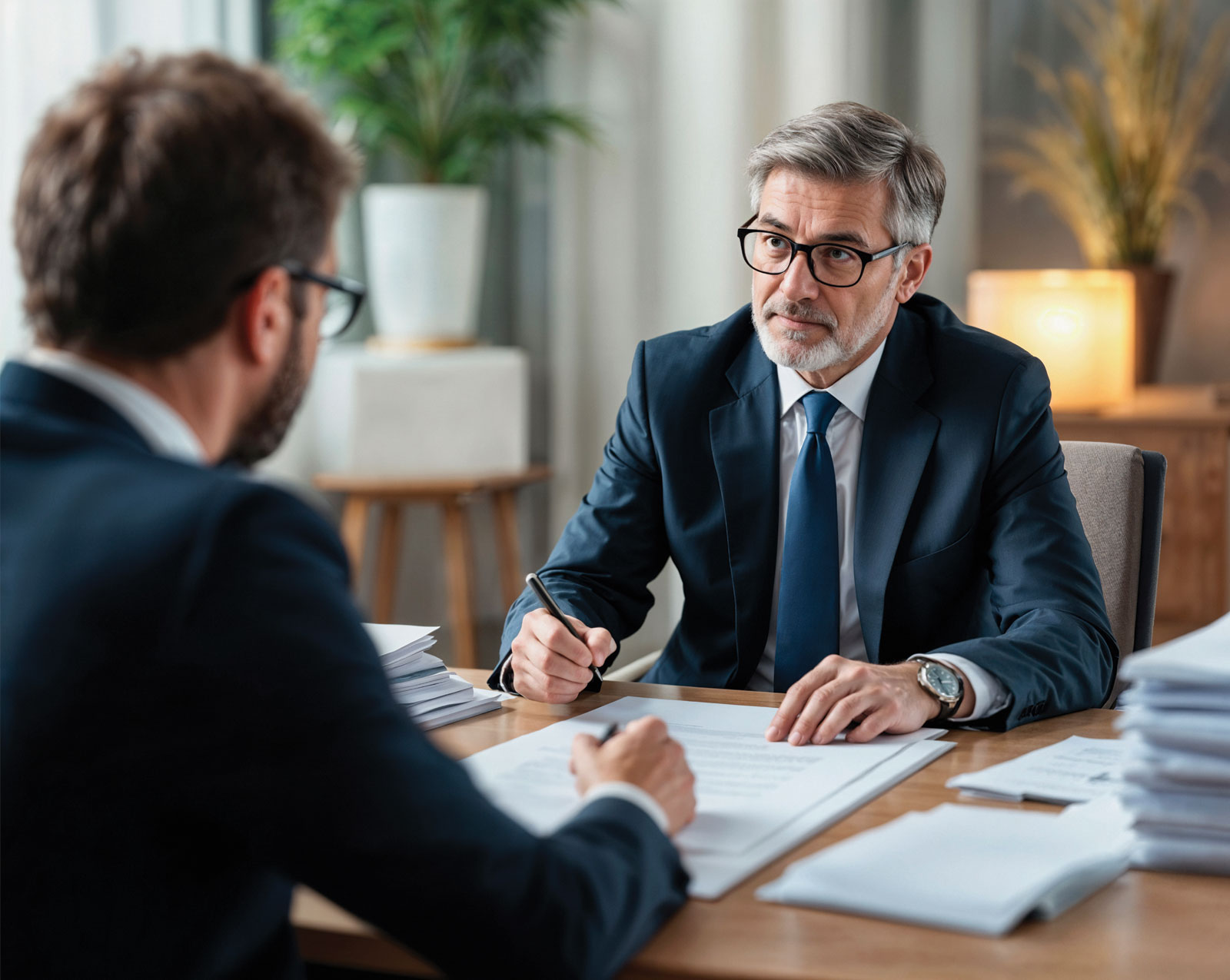 Two lawyers in suits reviewing and signing documents across a desk