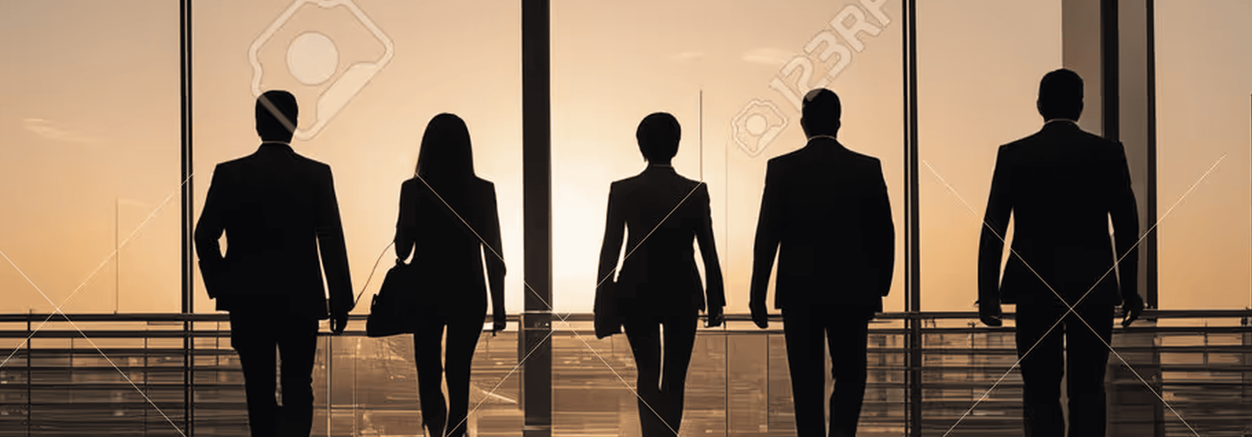 Silhouettes of five business people walking past floor-to-ceiling windows at sunset