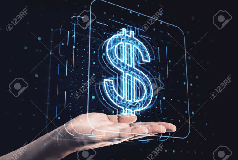 Hand holding a glowing digital dollar sign hologram